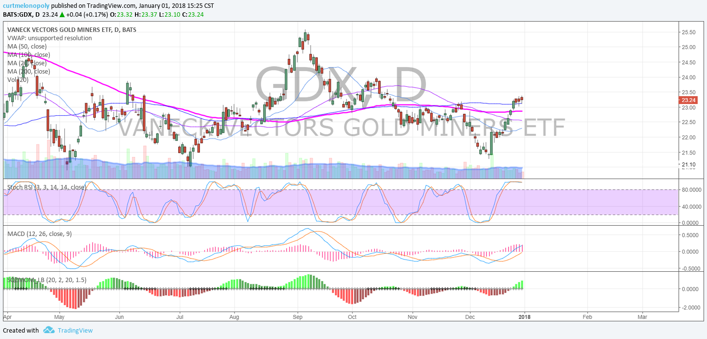 GDX Daily chart price cleared 200 MA with MACD trending up along with