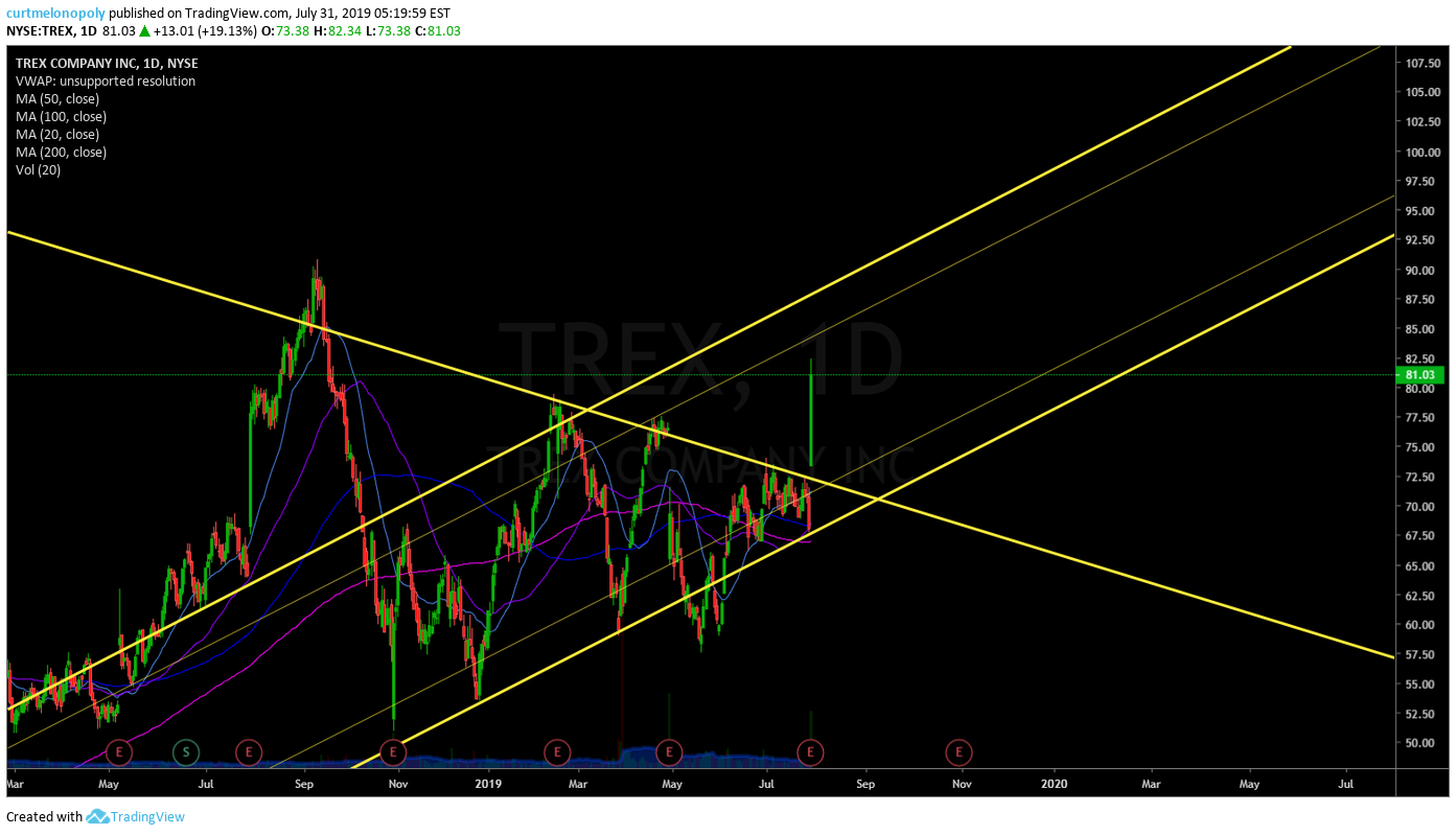 TREX, swing trade, earnings, alert