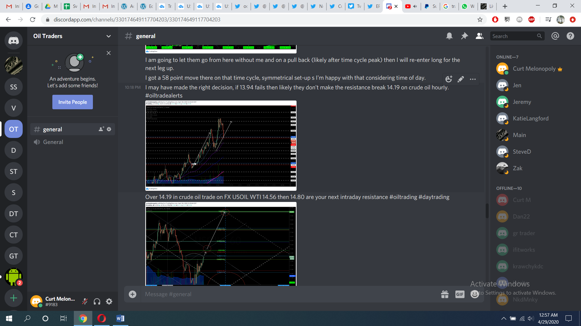Screen shot image captured of actual oil trading room discussion from lead trader and guidance for trade plan #oiltraderoom